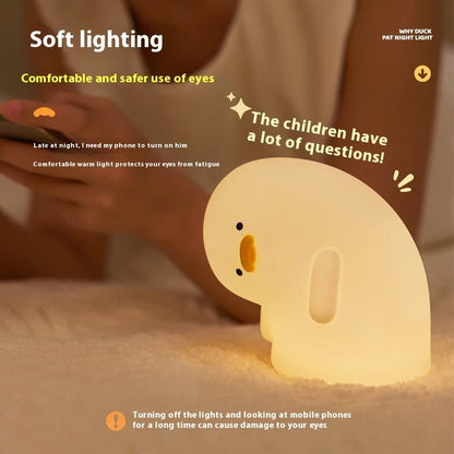 Cute Duck LED Night Light in white and yellow, USB rechargeable with touch control