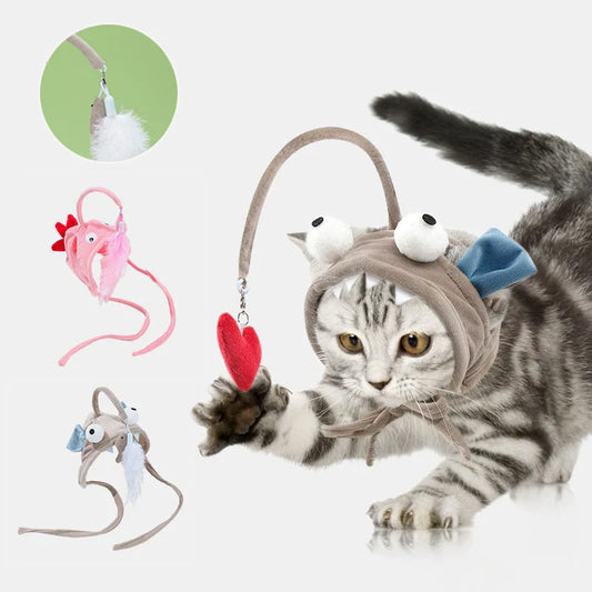 Adjustable head wearing feather funny cat stick toy for indoor play
