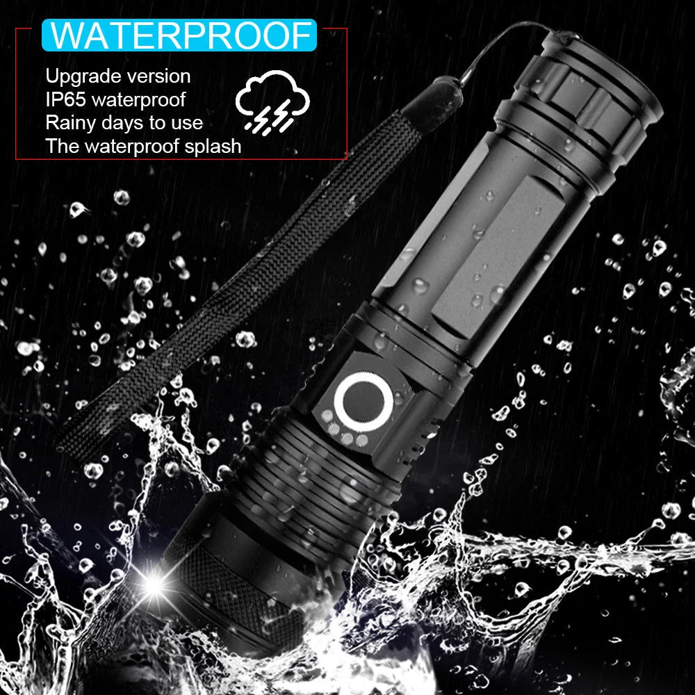 A durable, waterproof USB rechargeable flashlight with adjustable zoom and powerful LED light.