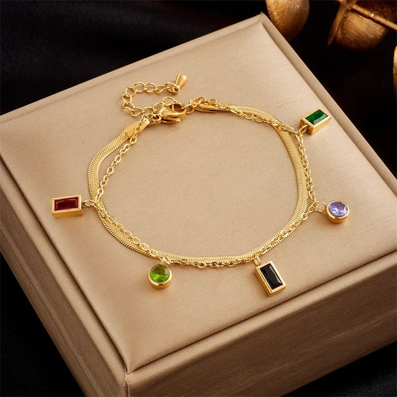 Gold plated punk fashion bracelet with double layer snake chain design and five-pointed star charm