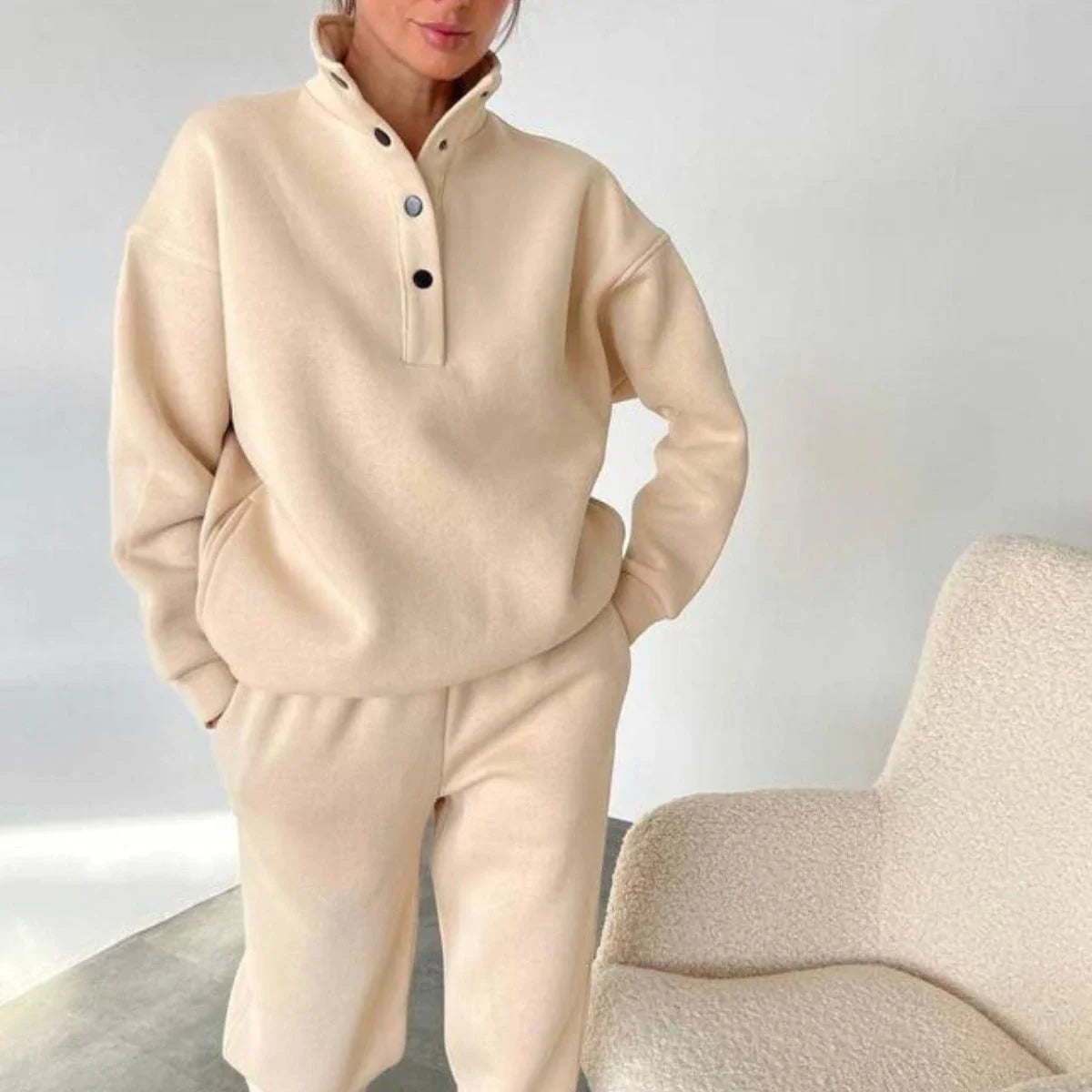 Oversized cotton blend pullover and pant set in neutral colors for comfortable, stylish everyday wear