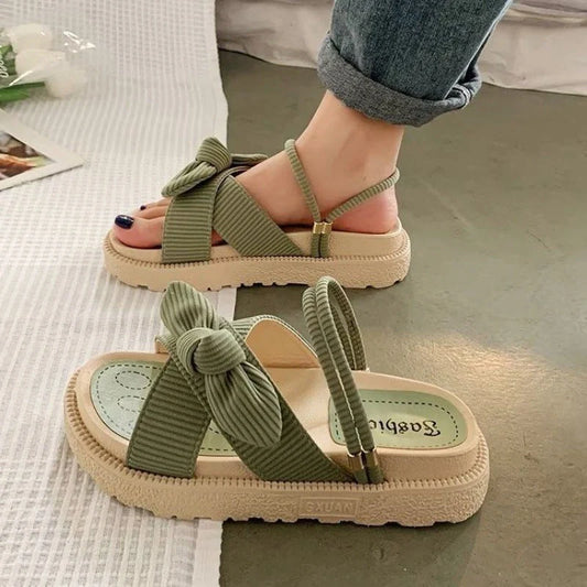 Women's Two Wear Flat Platform Sandals in green, beige, and black