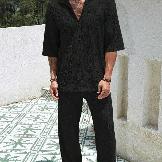 Men's summer commuter suit in cotton, short-sleeved top and loose straight trousers