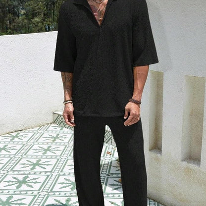 Men's summer commuter suit in cotton, short-sleeved top and loose straight trousers