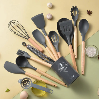 Silicone kitchenware set with wooden handles in various colors and styles, perfect for cooking, baking, and serving