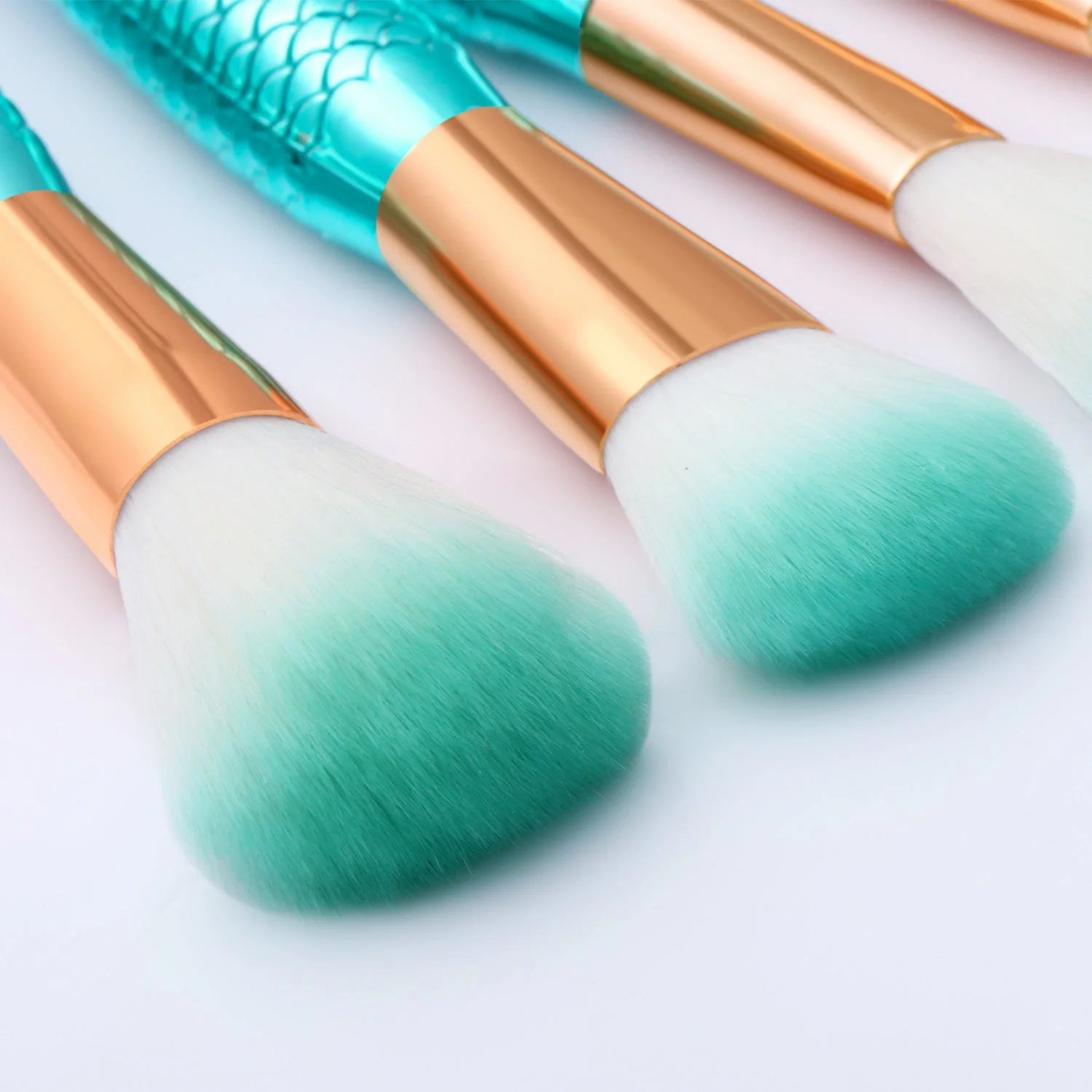 11-piece mermaid themed makeup brush set with synthetic fibres for flawless application
