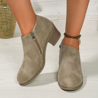 Women's chunky heel ankle boots with side zipper in navy blue, black, and khaki