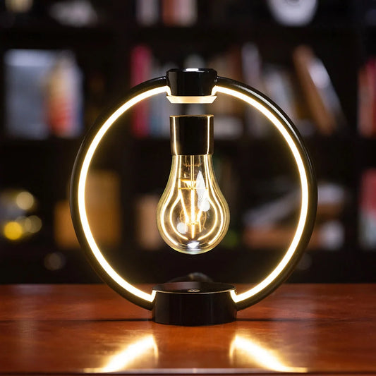 Magnetic Levitation Bulb floating above its base with a black metal shade