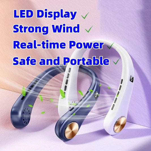 Portable bladeless neck fan with rechargeable air cooler for hands-free cooling in various colors and sizes