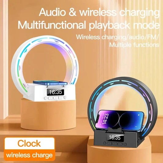 4-in-1 Wireless Bluetooth Speaker with charging pad and alarm clock in white and black
