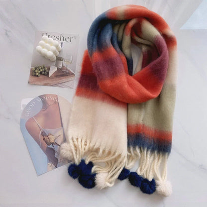 Vibrant rainbow mohair tassel scarf for warmth and style