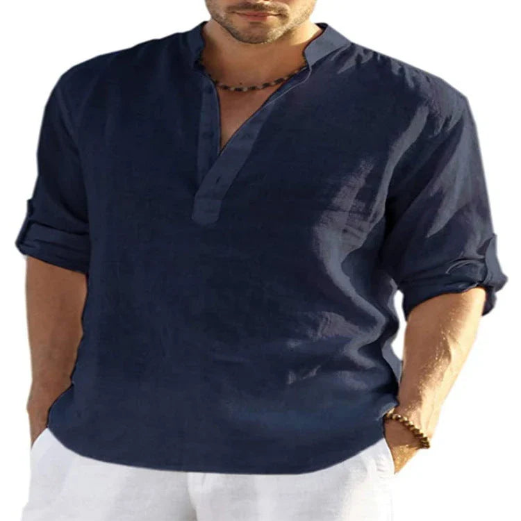 A stylish linen-blend men's casual shirt with a stand collar, button-down closure, and slim tailored fit