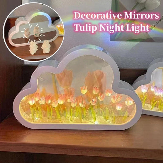 DIY Tulip Night Lamp in pink, purple, and blue with LED lights and decorative mirror feature