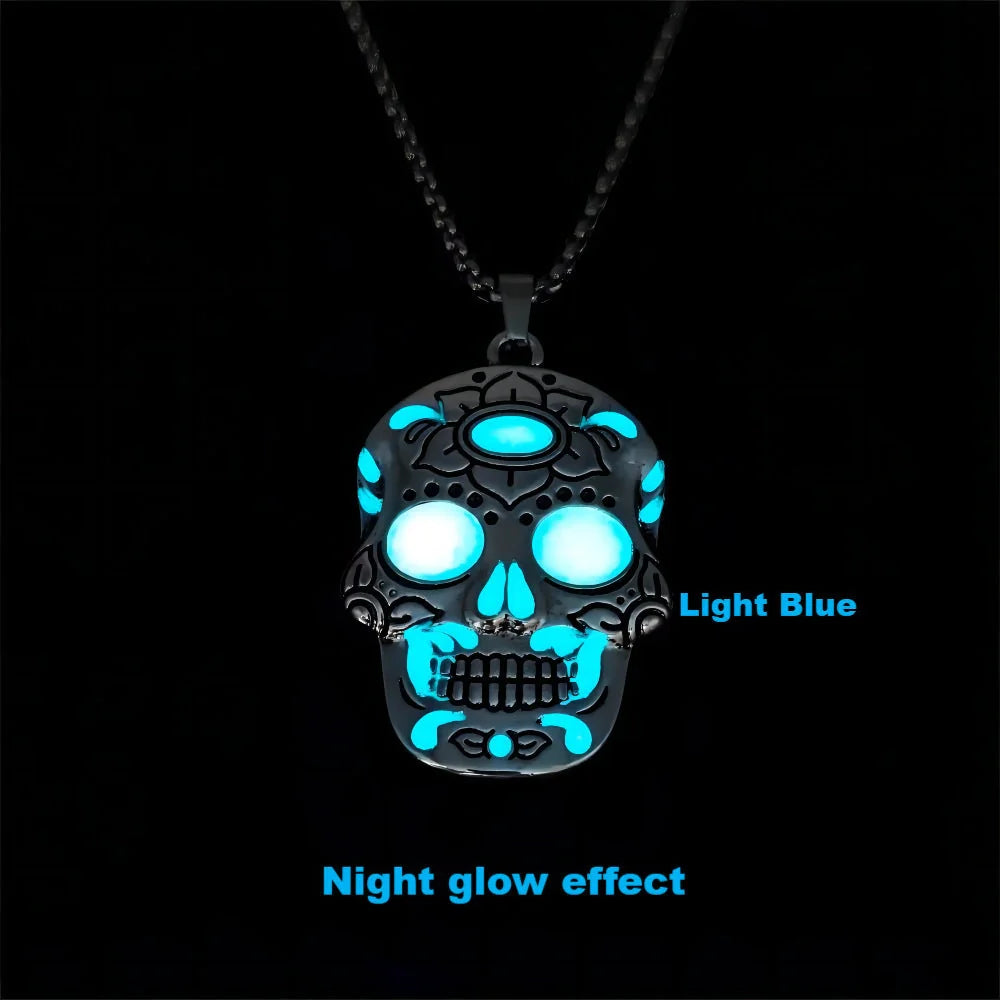Halloween Luminous Skull Necklace with Day of the Dead Lotus Pattern