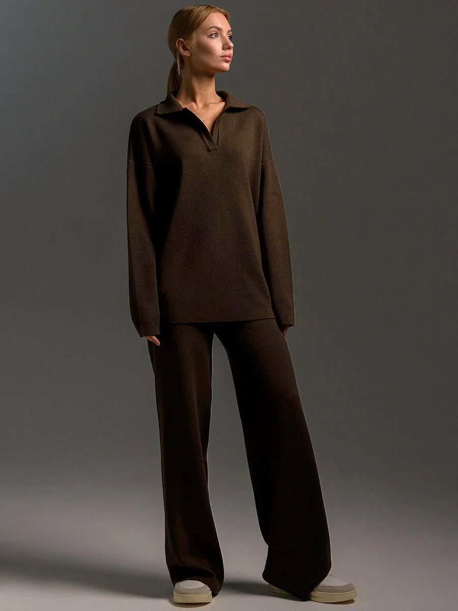 Women's loose collar sweater set in solid colours, made from 100% cotton