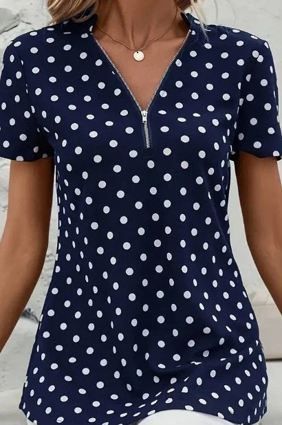 Elegant polka dot V-neck blouse with front zipper for women, perfect for spring and summer.