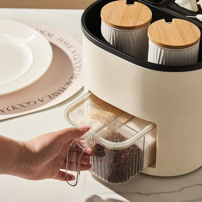Rotating multipurpose kitchen storage organizer with four compartments for spices, utensils, and other cooking essentials