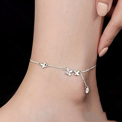 S925 Sterling Silver Butterfly Zircon Anklet with Flower Tassel in white gold colour