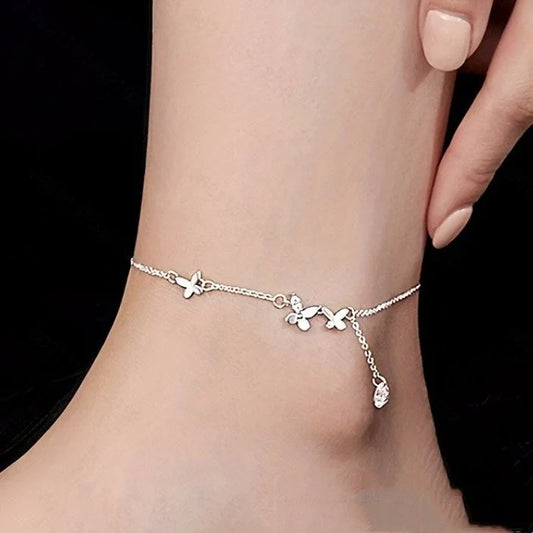 S925 Sterling Silver Butterfly Zircon Anklet with Flower Tassel in white gold colour