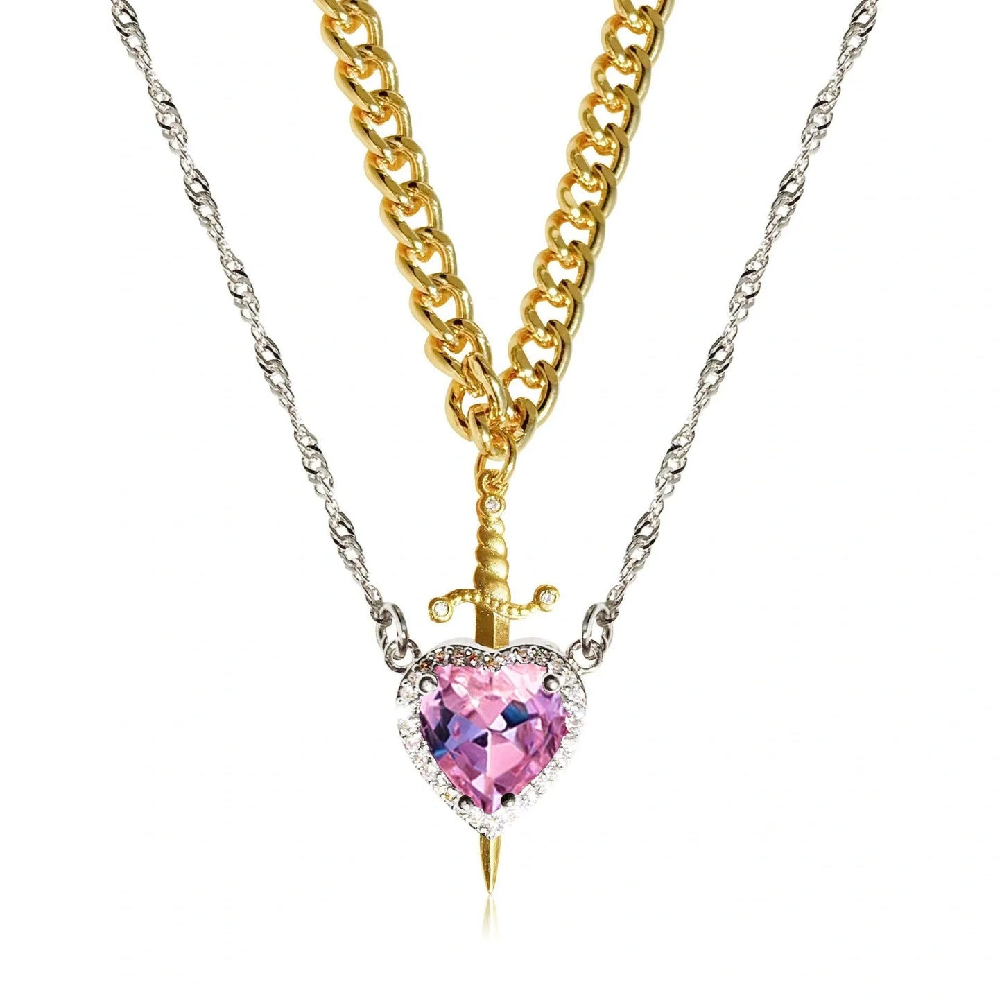 Exquisite Heart and Sword Couple Necklaces in gold and silver, symbolising love and protection