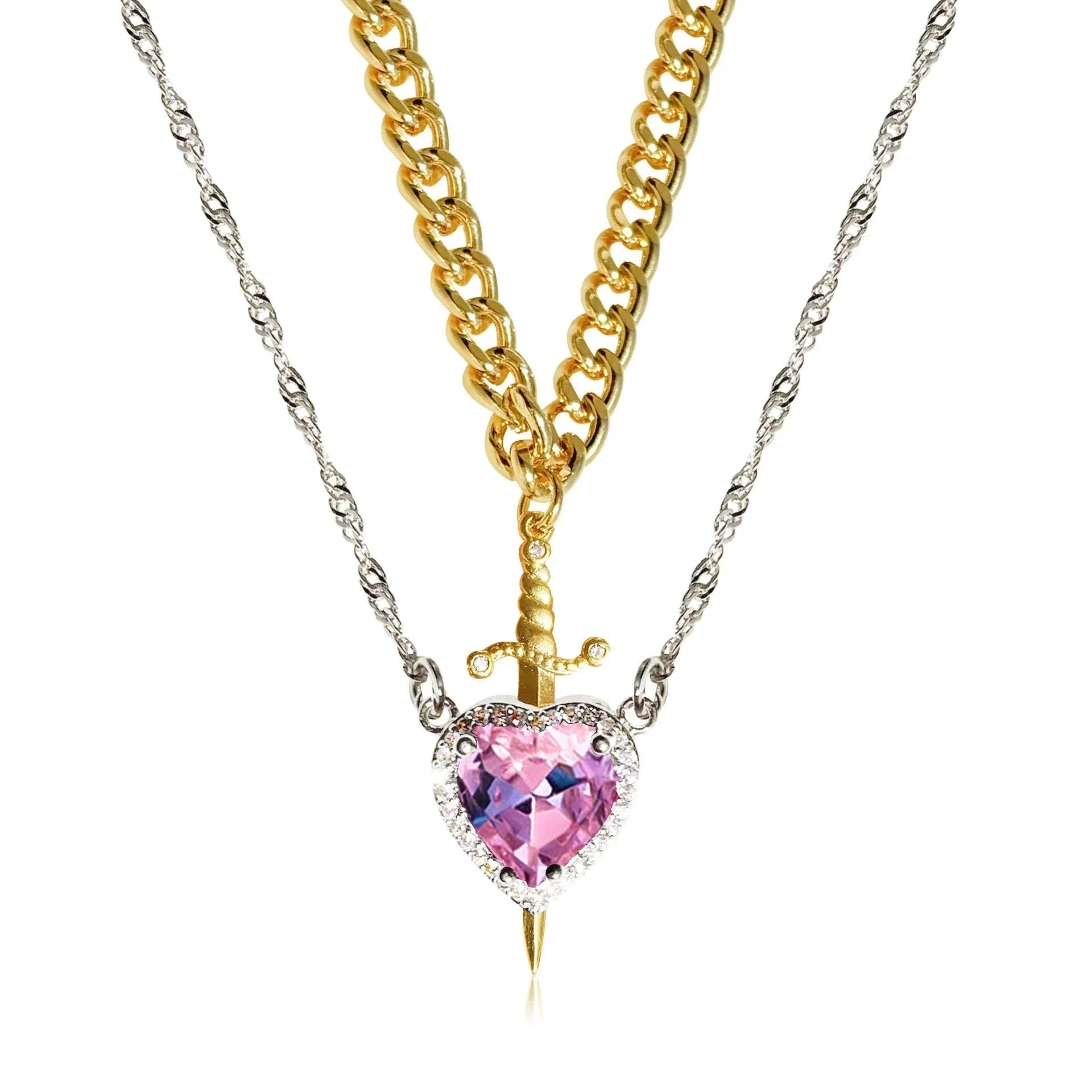 Exquisite Heart and Sword Couple Necklaces in gold and silver, symbolising love and protection