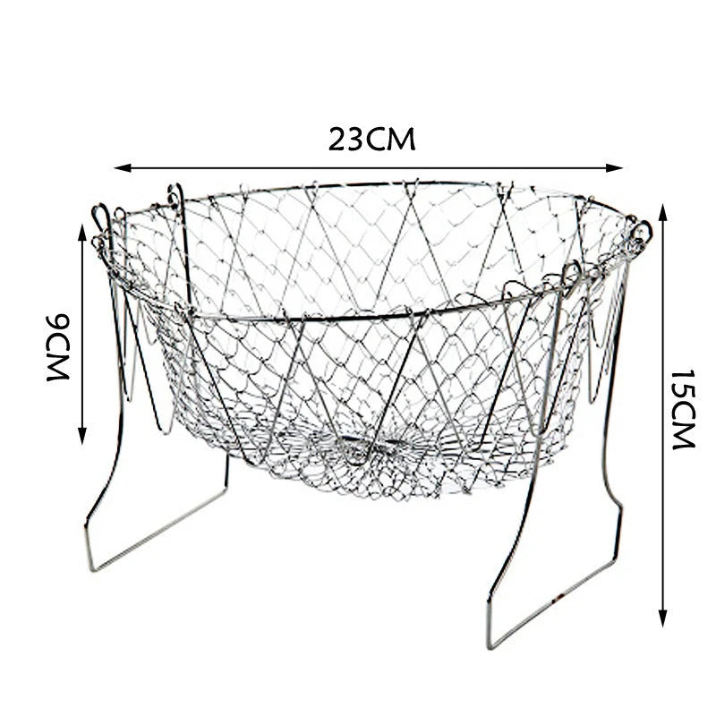 Stainless steel deep-fry basket with cool-touch handles and easy draining design