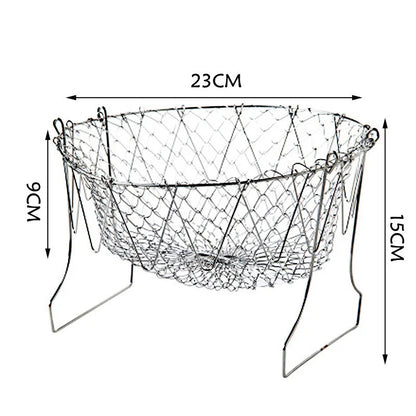 Stainless steel deep-fry basket with cool-touch handles and easy draining design