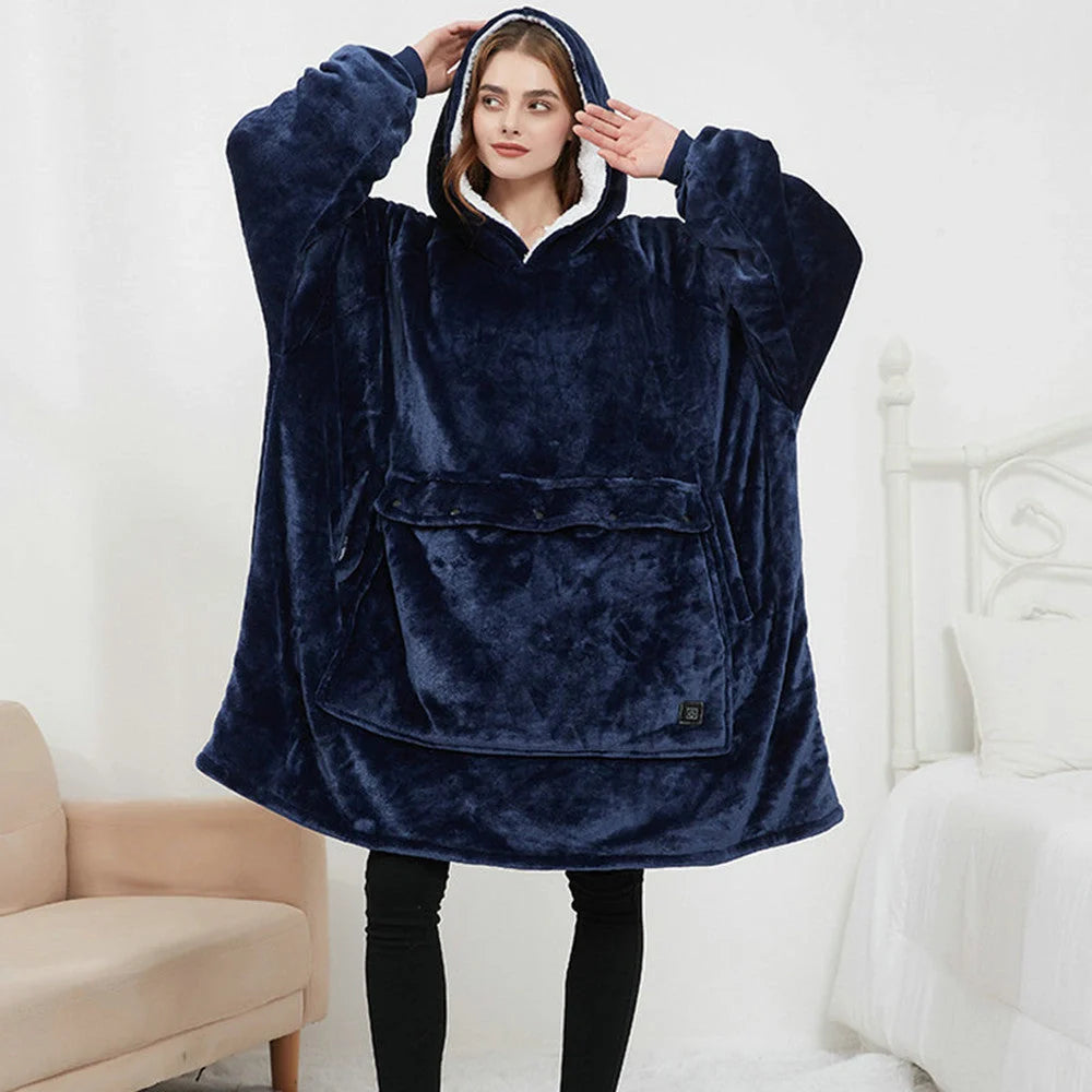 USB heated oversized hoodie blanket with large back heating area in various colors