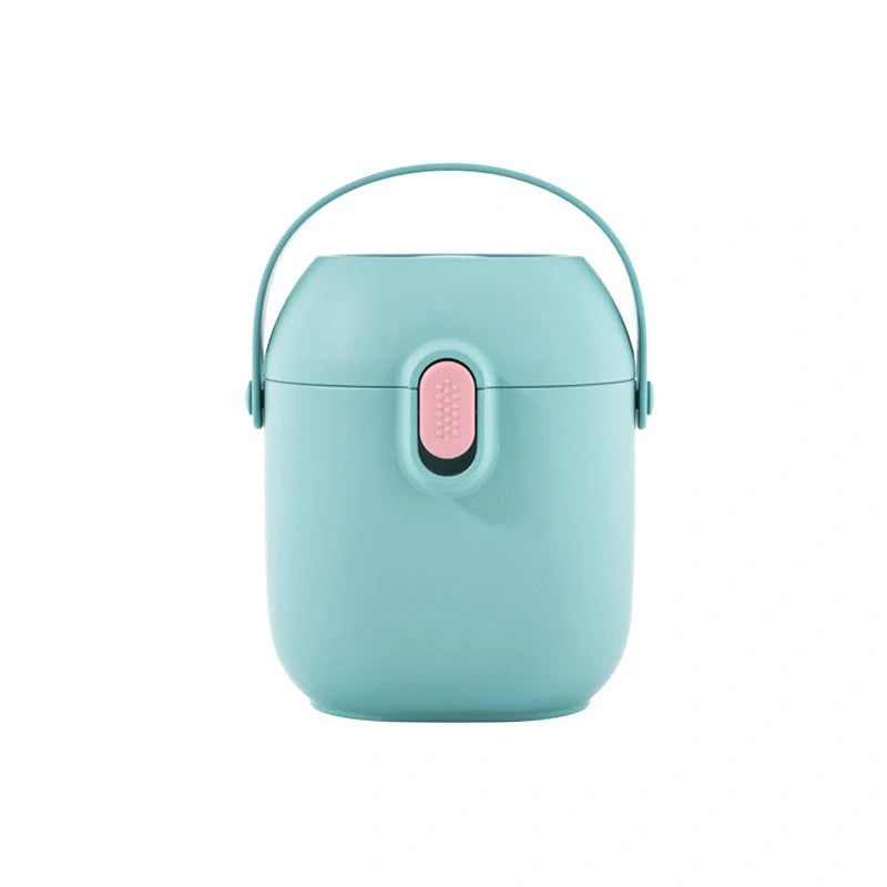 Large airtight baby milk powder storage container with scoop in peacock blue, olive green, and rouge powder