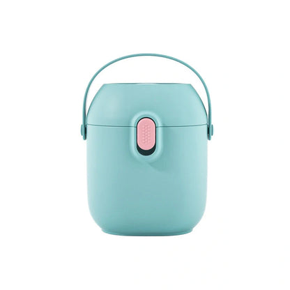 Large airtight baby milk powder storage container with scoop in peacock blue, olive green, and rouge powder