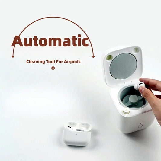 Automatic earbuds cleaning kit for AirPods, featuring a specialized chamber and cleaning mechanisms to thoroughly remove dirt and wax buildup