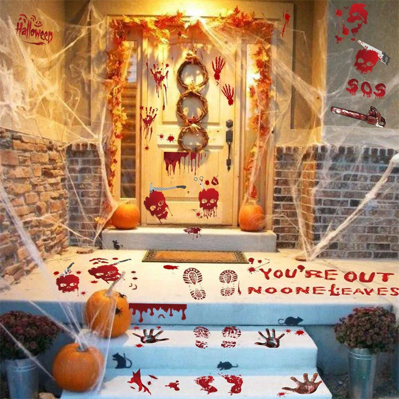Set of 9 Halloween window stickers featuring bloody handprints, footprints, and splatters