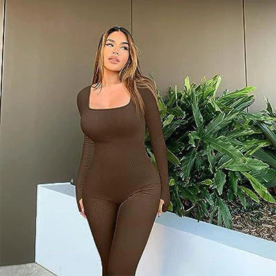 Stylish high-waist yoga jumpsuit with square collar, available in a variety of trendy colors
