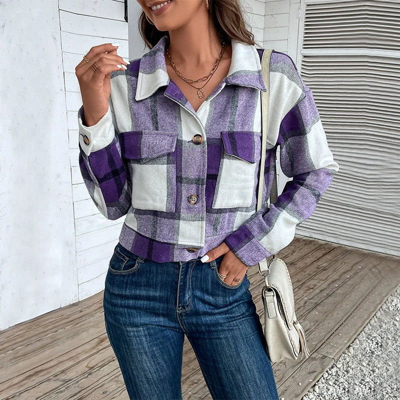 Plaid lapel cropped jacket for women with functional pockets in various colours