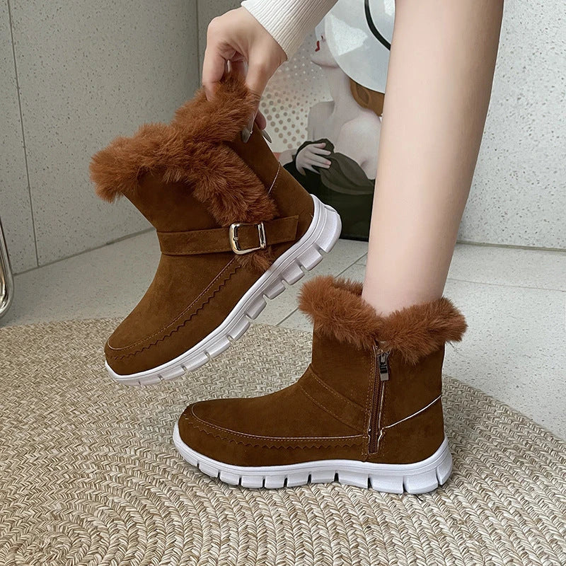Cozy plush ankle boots in various colors with buckle detail and soft artificial fur lining