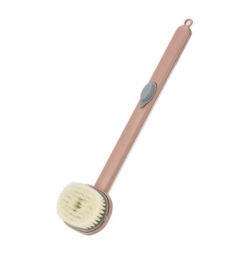 Ergonomic dual-purpose shower brush with detachable head in yellow, grey, green, and pink