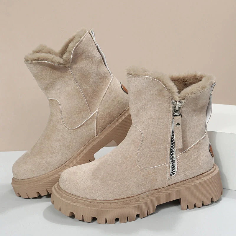 Women's foldable plush snow boots in black and khaki with round-toe design