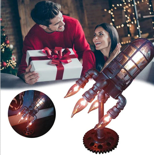 Retro rocket-shaped steampunk lamp with warm, ambient LED lighting for industrial-chic home decor