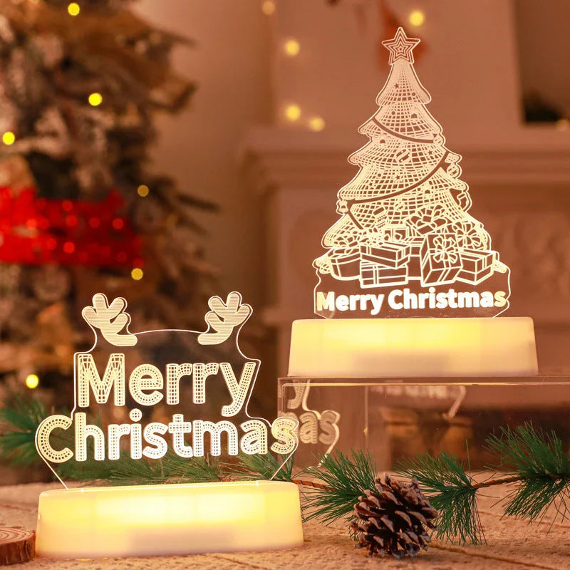 3D acrylic Christmas lights with various holiday-themed designs, including Christmas trees, elks, and Christmas dwarfs, providing warm, ambient lighting.