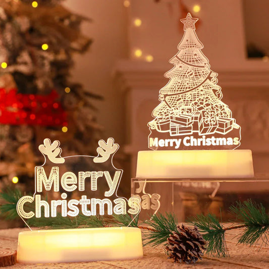 3D acrylic Christmas lights with various holiday-themed designs, including Christmas trees, elks, and Christmas dwarfs, providing warm, ambient lighting.