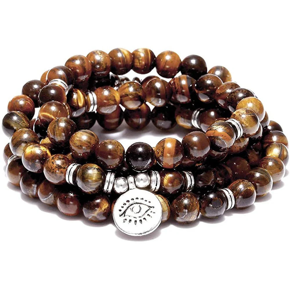 Premium handcrafted meditation bracelet with genuine Tiger's Eye stones, 108 beads, and a lotus charm