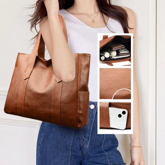 Stylish large capacity commuter shoulder bag in brown and black for autumn and winter