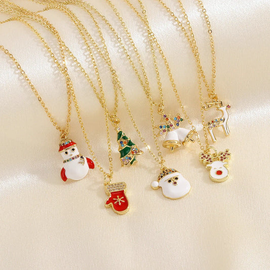 Festive Christmas-themed necklace with oil-drop pendant and coloured rhinestones
