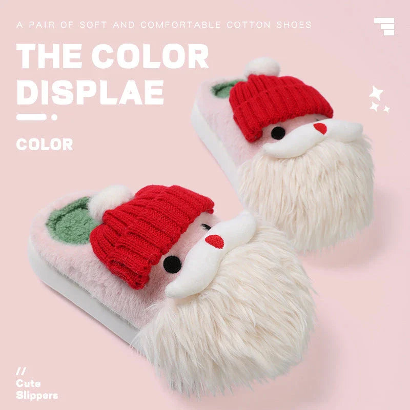 Festive Santa Claus-themed slippers with plush uppers and non-slip EVA soles for cozy, comfortable indoor wear