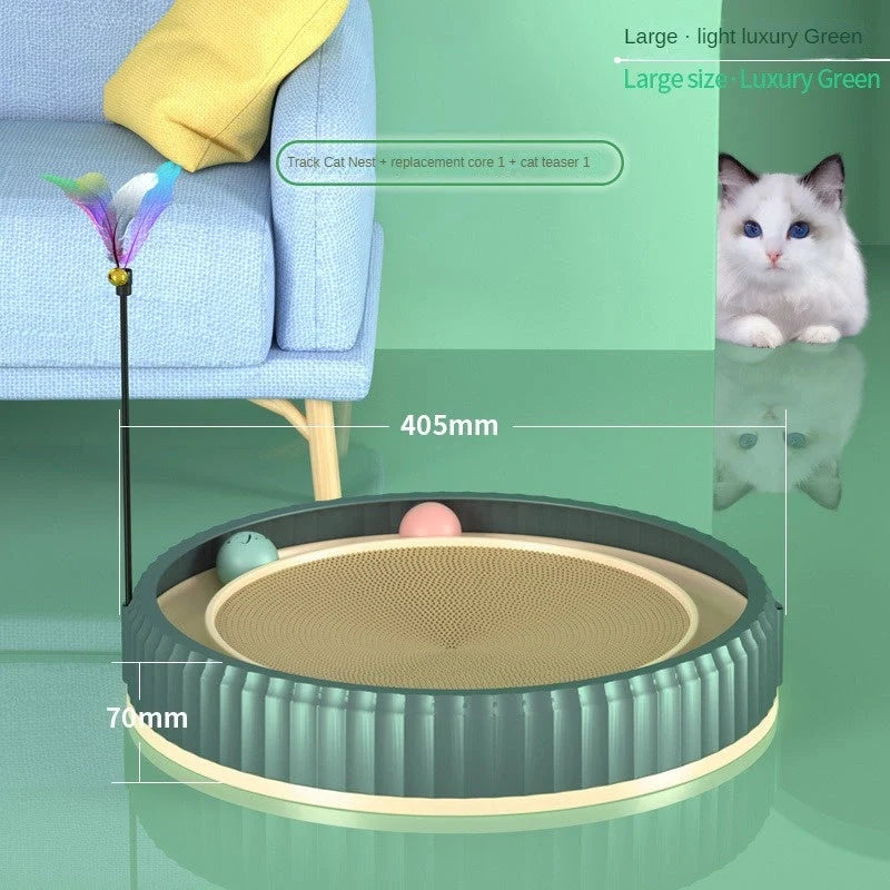 Round cat scratching board with toy ball, protects furniture from scratches