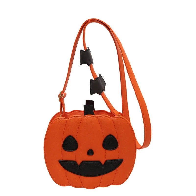 Stylish Halloween shoulder bag with pumpkin cartoon and bat design, available in various color options