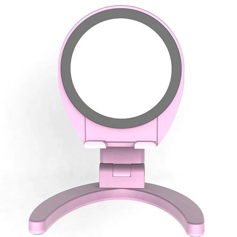 Adjustable makeup mirror phone holder with various angle and color options for hands-free mobile use, grooming, and entertainment.