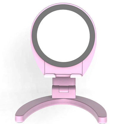 Adjustable makeup mirror phone holder with various angle and color options for hands-free mobile use, grooming, and entertainment.