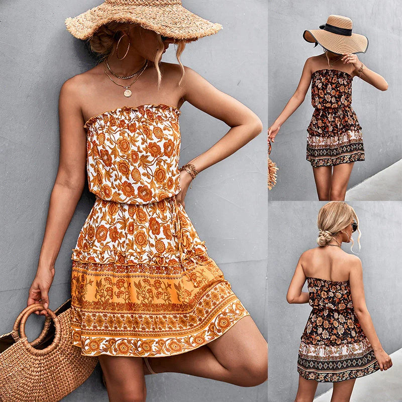 Women's Bohemian Floral Print Strapless Dress in black and orange for summer beach wear