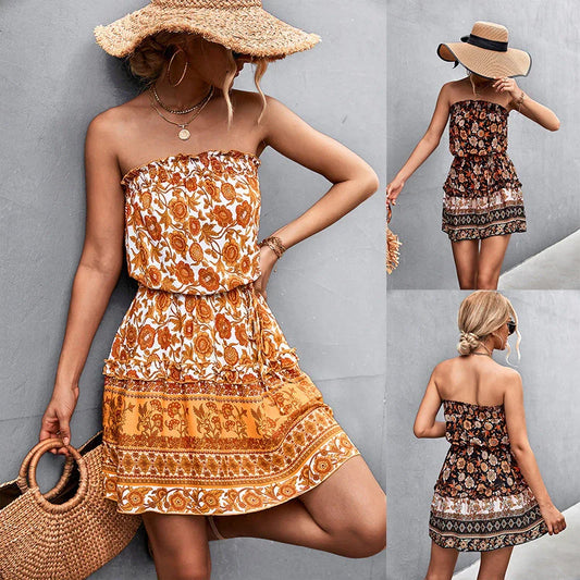 Women's Bohemian Floral Print Strapless Dress in black and orange for summer beach wear